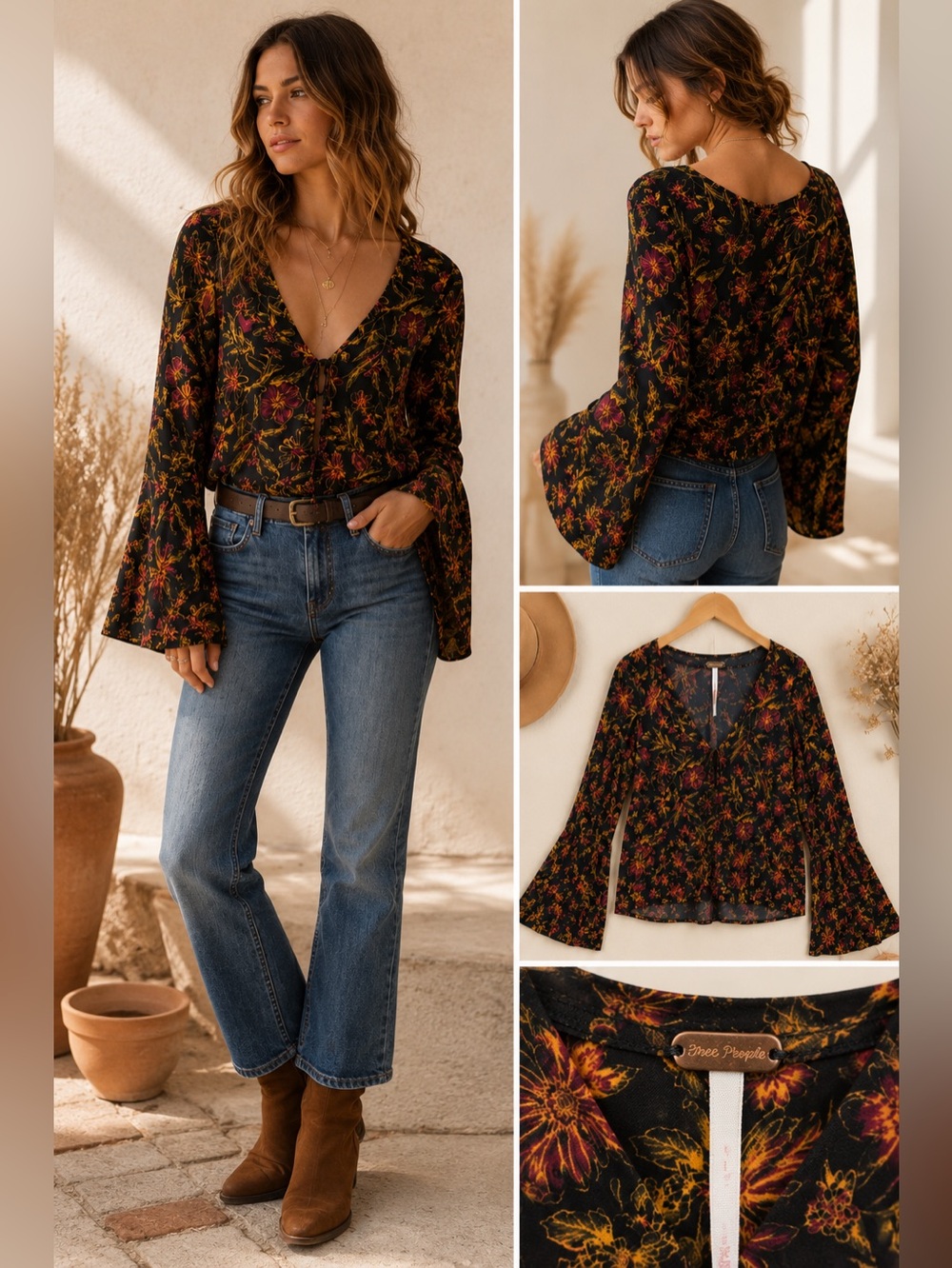 Free People Martini Bell Sleeve Deep V Neck Blouse XS
